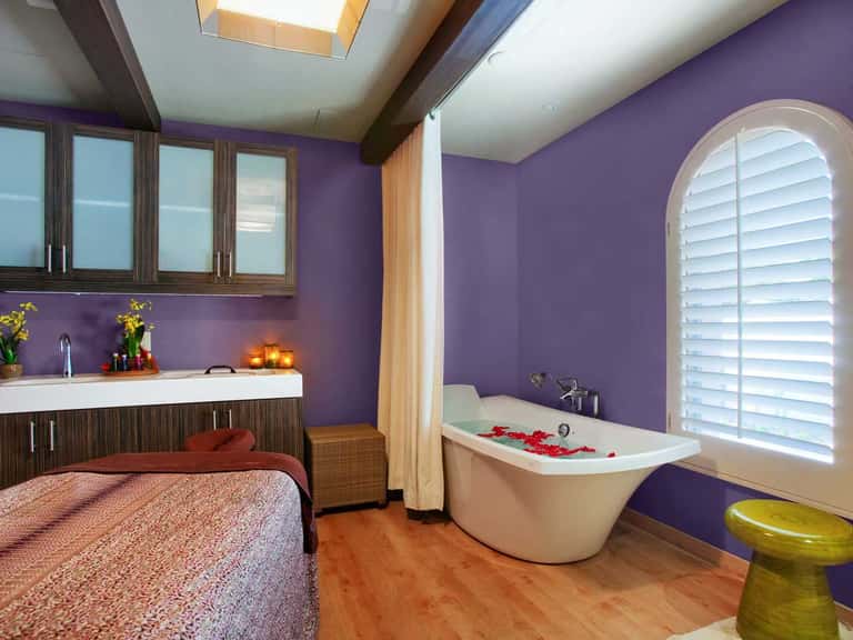 Luxurious spa bathroom with purple walls, soaking tub, and modern wood vanity