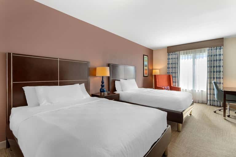 Double bed hotel room with mauve accent wall, patterned drapes, desk, and en-suite bathroom entrance