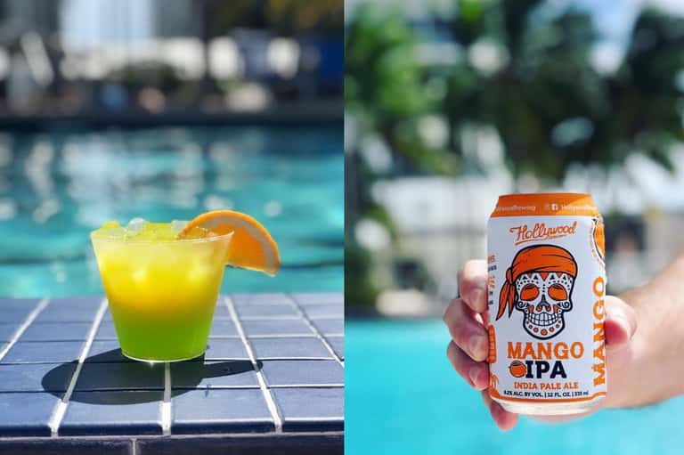 Colorful poolside beverages: yellow-green margarita and Mango IPA beer can