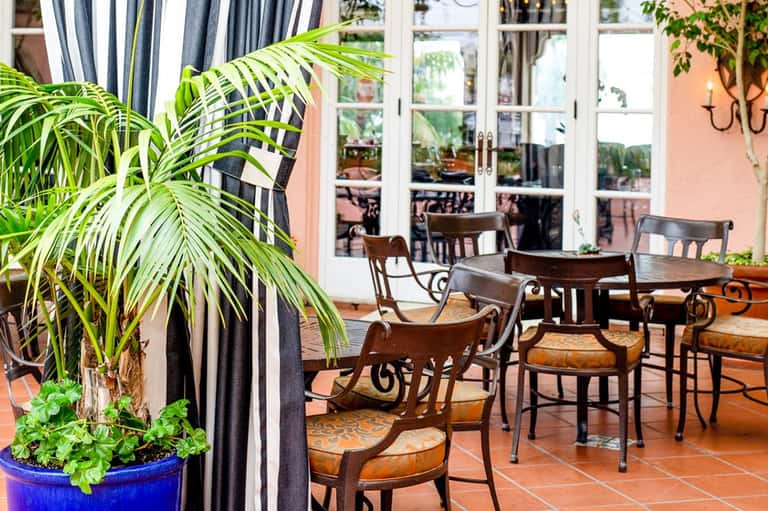 Elegant indoor lounge with palm plants, striped curtains, wooden chairs, and glass doors opening to terrace