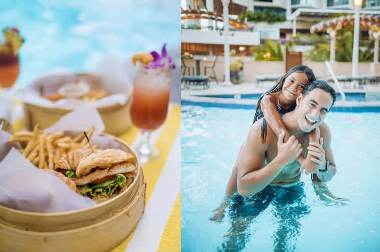 Couple enjoying tropical cocktails and burgers poolside at resort with modern architecture