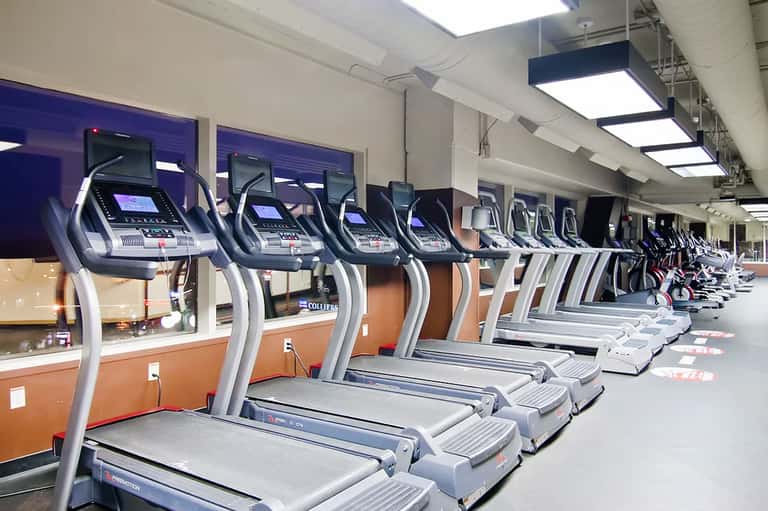 Row of treadmills in bright fitness center with blue monitors and orange wall panels