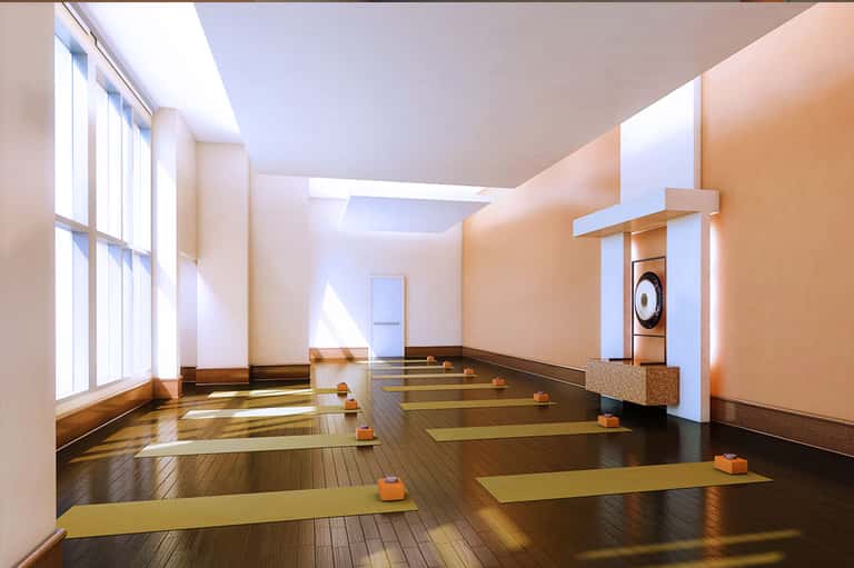 Bright yoga studio with wooden floors, yellow mats, and large windows providing natural light