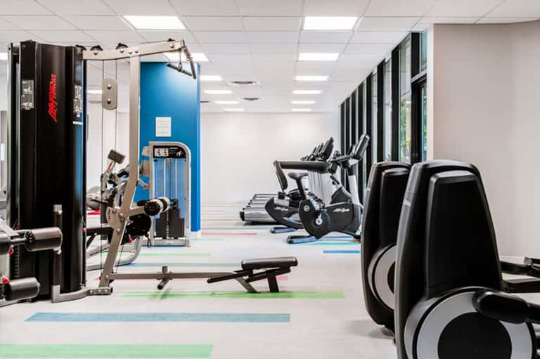 Modern gym with cardio machines, weight equipment, and colorful floor mats