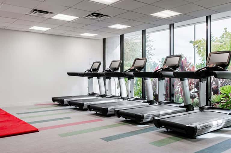 Modern fitness center with multiple black treadmills, large windows overlooking greenery, and colorful floor accents