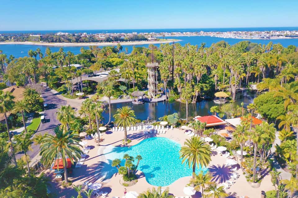 Aerial view of resort pool surrounded by palm trees, waterfront, and coastal buildings under clear sky