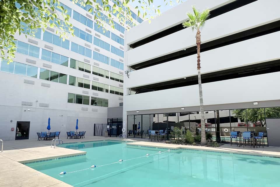 Modern hotel pool with lane dividers, palm tree, and multi-story parking structure
