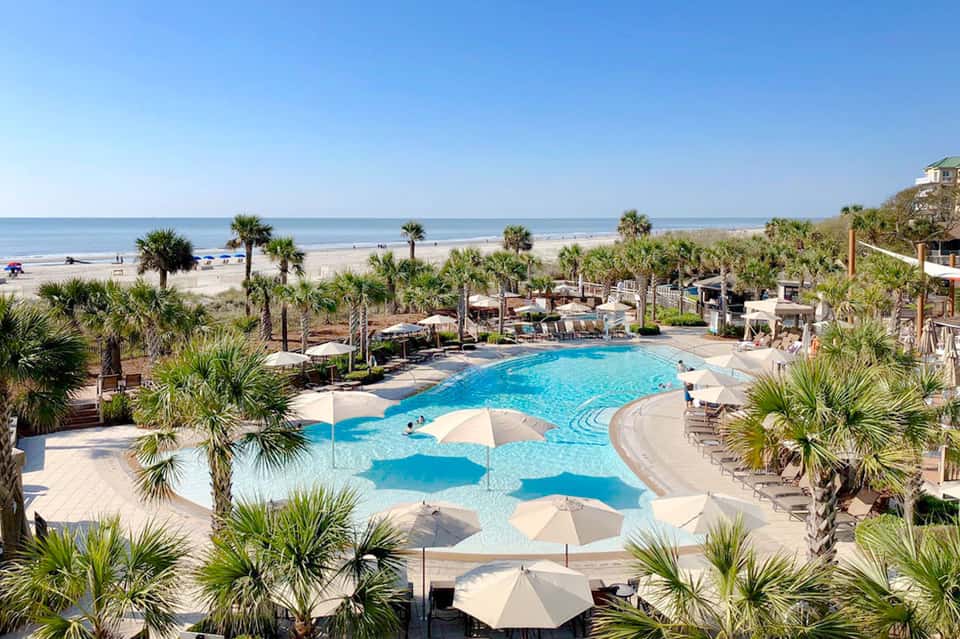 Resort pool with blue water, white umbrellas, and palm trees overlooking beach and ocean