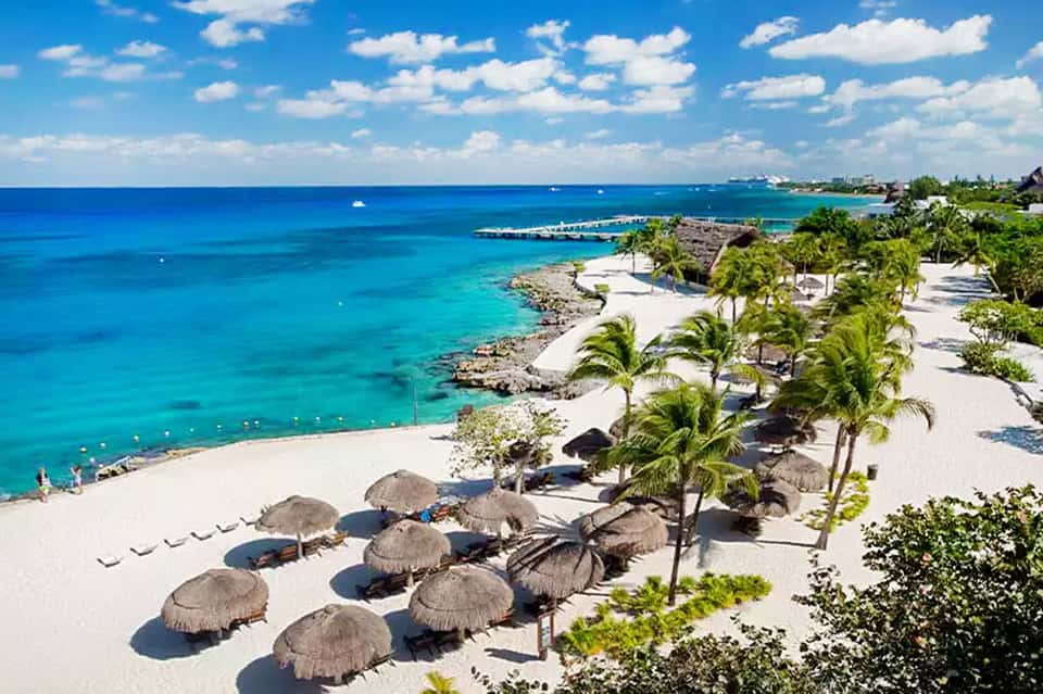 Scenic beachfront with thatched umbrellas, white sand, turquoise water, and palm trees lining shore