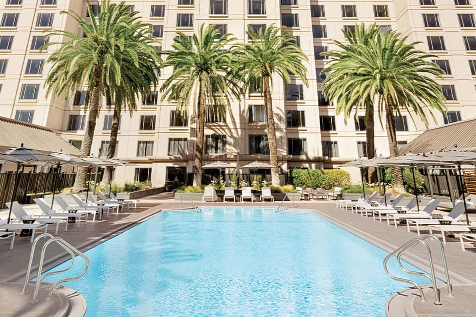 Hotel courtyard pool surrounded by palm trees, lounge chairs, and umbrellas with multi-story building