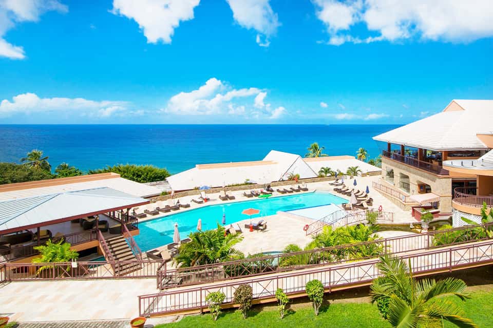 Beachfront resort pool overlooking ocean with lounge chairs and palm trees