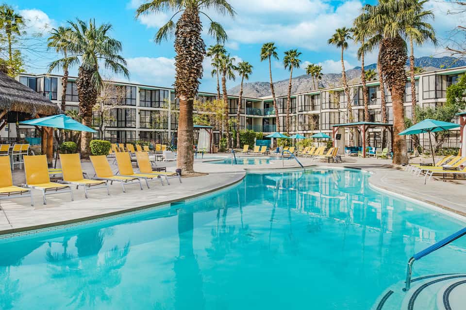 Resort pool surrounded by yellow lounge chairs, palm trees, and mountain views