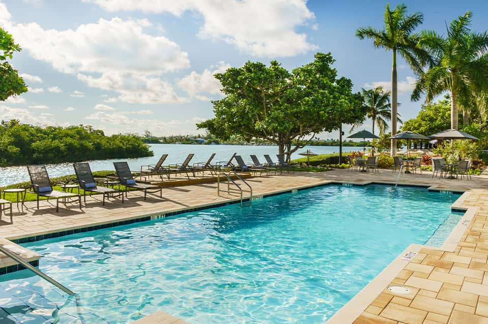 Resort pool with lounge chairs overlooking waterfront and manicured palm tree landscape
