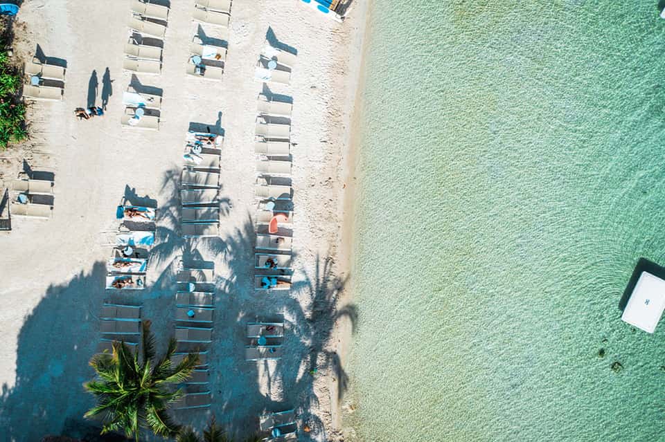 Aerial view of sandy beach with rows of lounge chairs and crystal-clear turquoise water