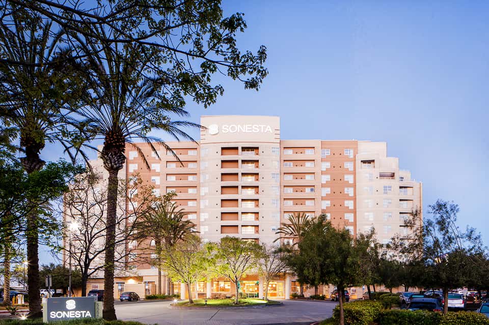 Sonesta hotel exterior with multi-story brick building, palm trees, and landscaped grounds