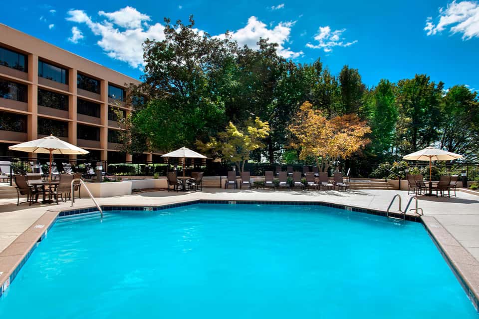 Resort pool with turquoise water, white umbrellas, lounge chairs, and tree-lined landscape
