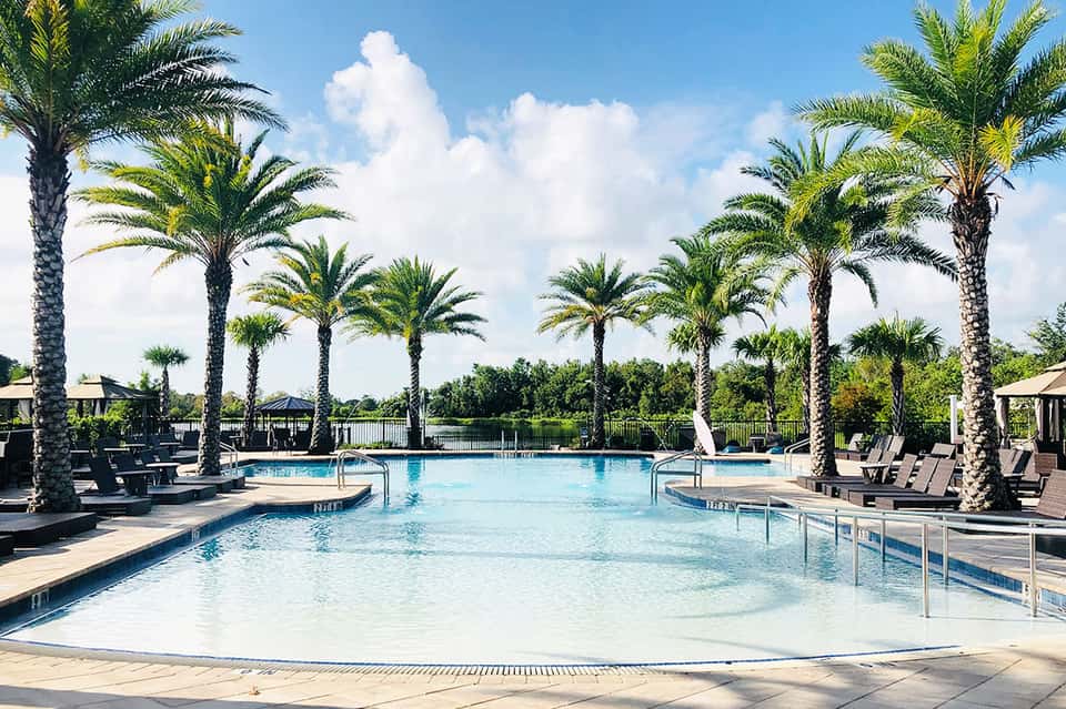 Resort pool surrounded by palm trees with lounge chairs and covered pavilions under blue sky