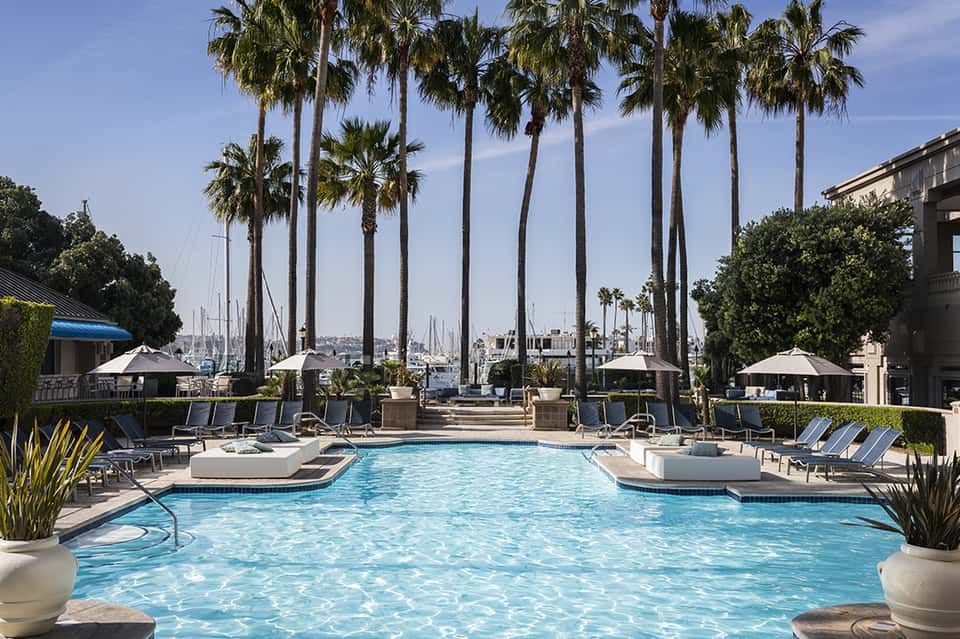 Luxury resort pool with crystal blue water, palm trees, and sailboats visible in the harbor beyond