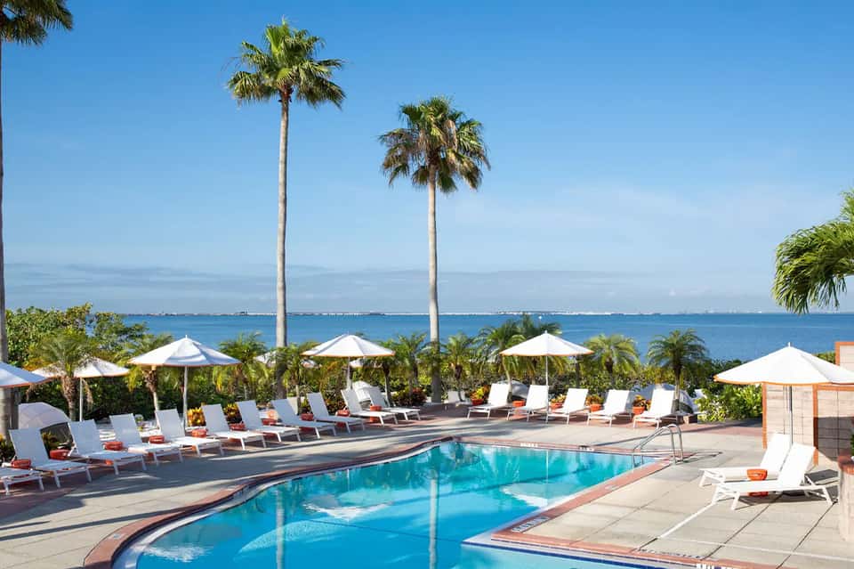 Resort pool with loungers, white umbrellas, palm trees, and ocean view in background
