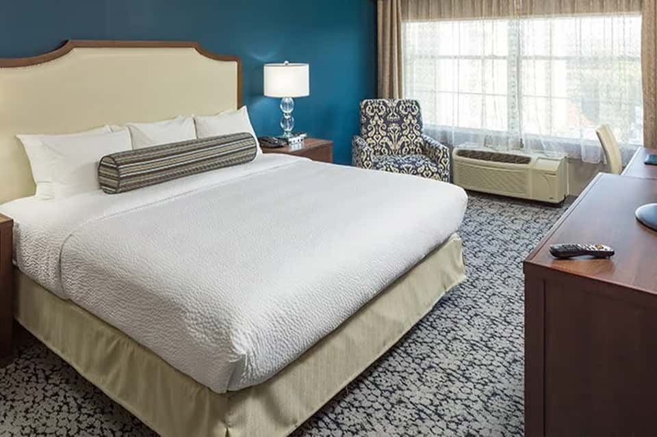 Hotel bedroom with turquoise accent wall, white bedding, and seating area