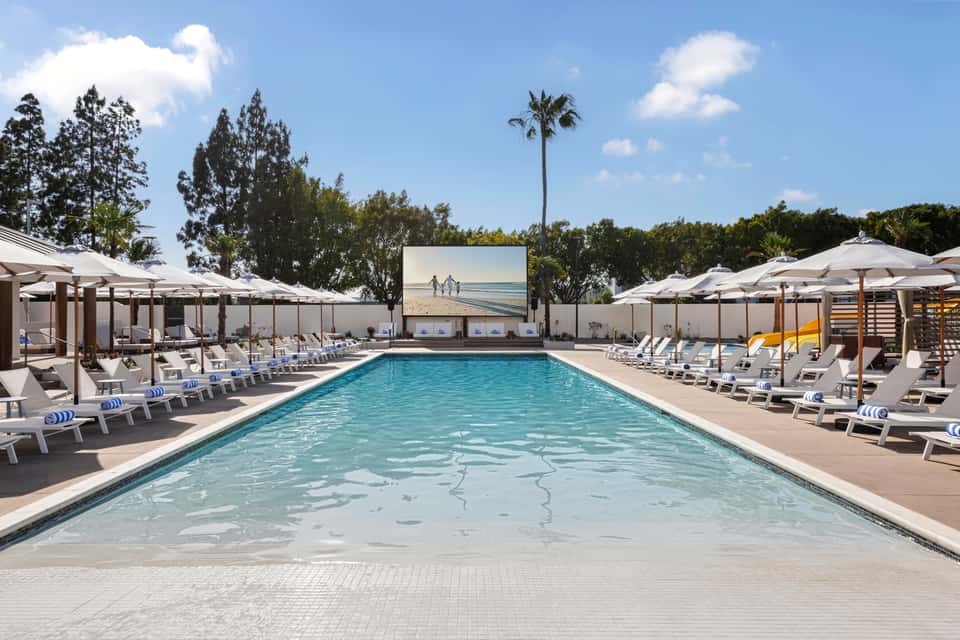 Rectangular pool with white umbrellas and lounge chairs under palm trees