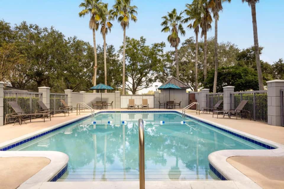 Lap pool with lane markers, surrounded by white fencing, umbrellas, and palm trees under clear sky