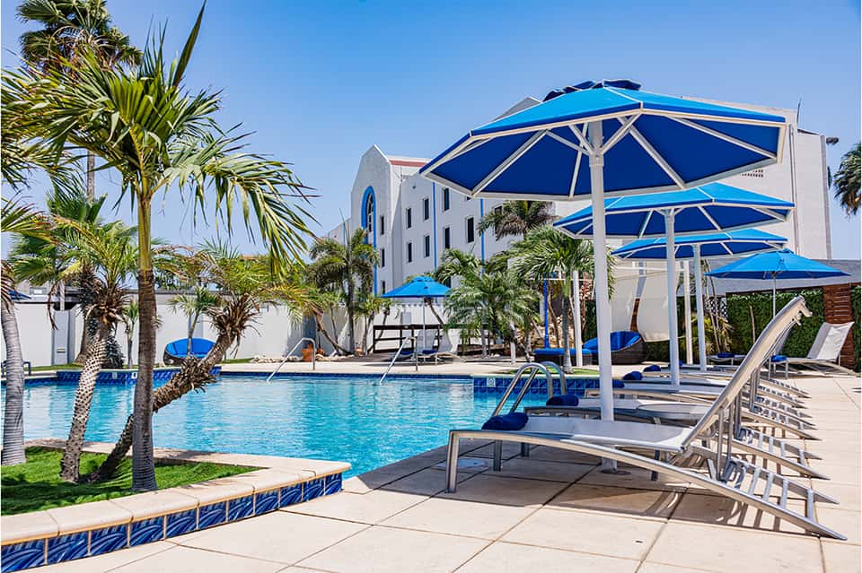 Large swimming pool with blue umbrellas, palm trees, white modern building and clear sky