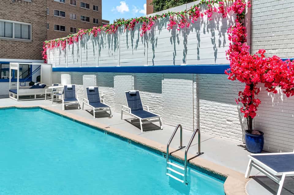 Bright blue pool with lounge chairs and vibrant pink flowering vines on the fence