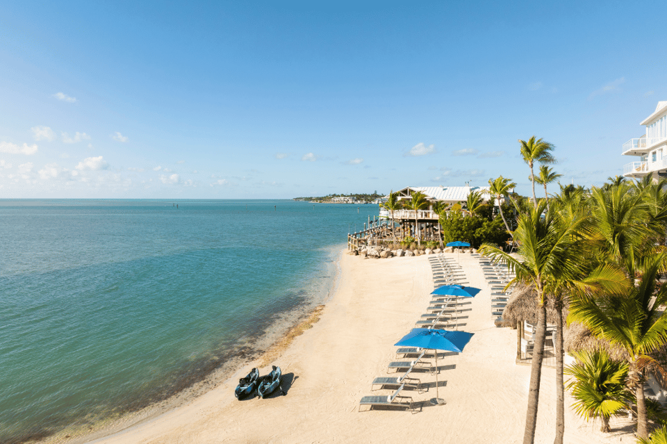 Beachfront resort with sandy shore, palm trees, blue umbrellas, lounge chairs, and turquoise ocean water