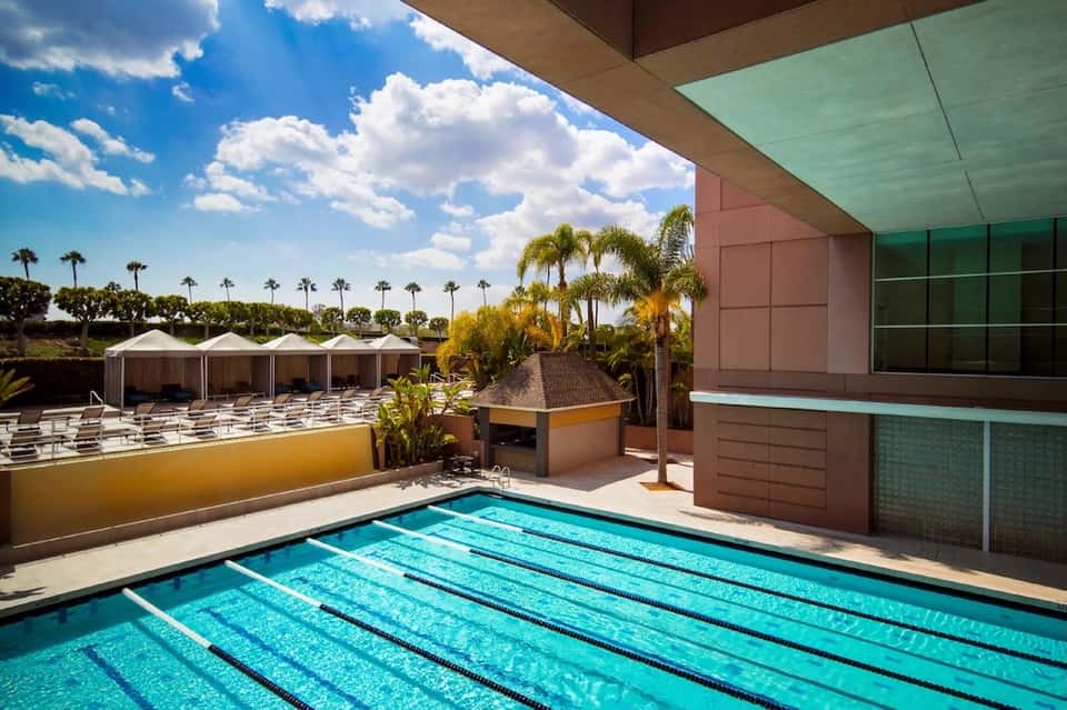 Modern lap pool with lane markings overlooking palm trees and resort grounds