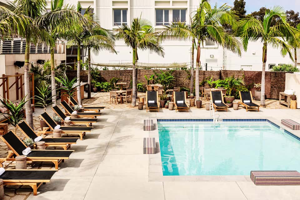 Rectangular pool surrounded by wooden lounge chairs with black cushions and potted plants against brick wall