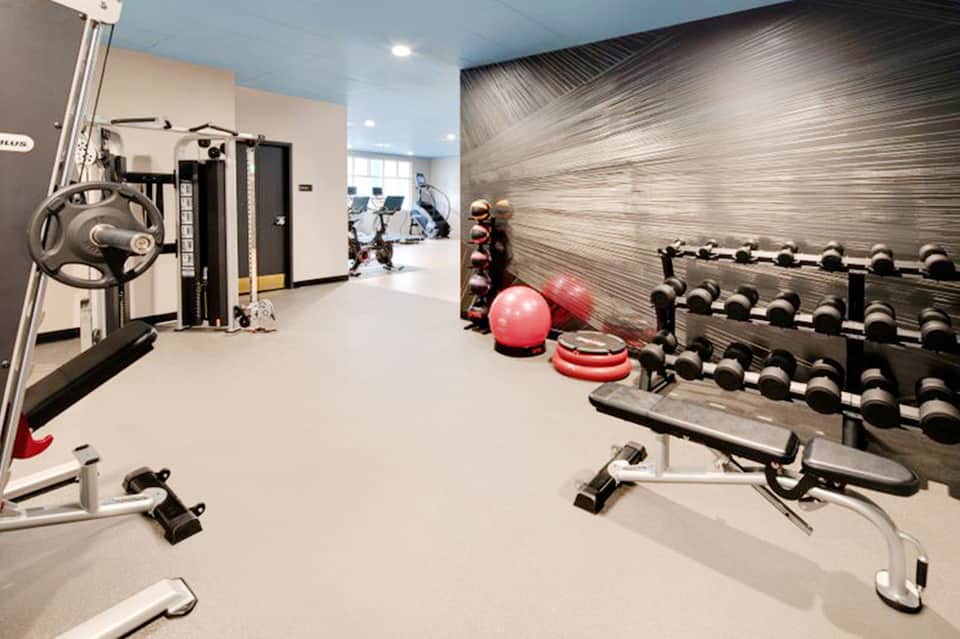 Modern fitness center with weight machines, dumbbells, exercise balls, and training equipment