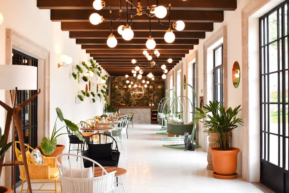 Modern restaurant corridor with exposed wood beams, globe pendant lights, potted plants, and dining tables along large windows