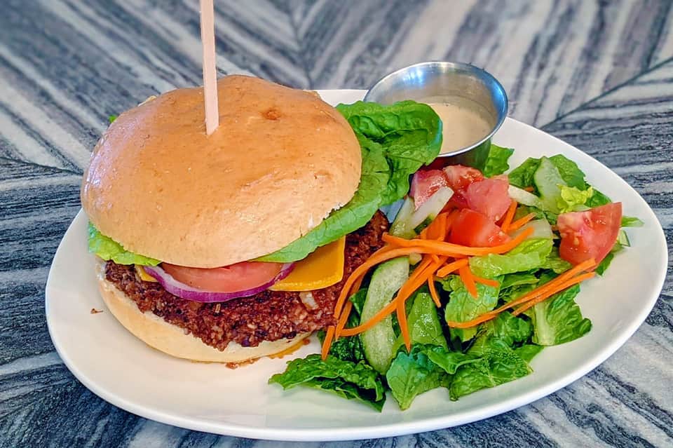 Plant-based burger with cheese, tomato, and purple onion served with fresh vegetable salad and dipping sauce