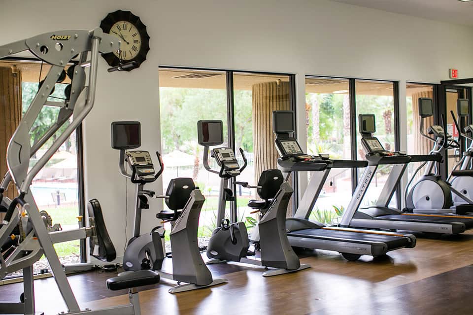 Modern fitness center with treadmills, stationary bikes, and large windows overlooking the pool area