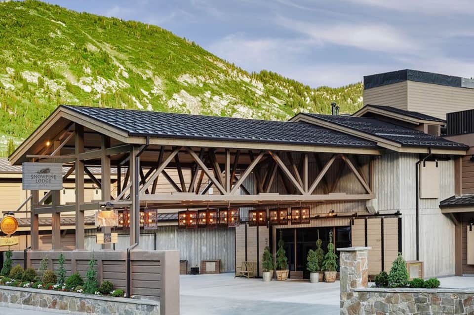 Modern mountain lodge exterior with wooden beams, metal siding, and grass-covered hillside