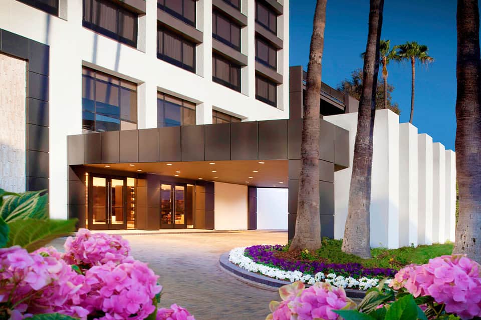 Modern hotel entrance with white architecture, glass doors, palm trees, and colorful flower beds