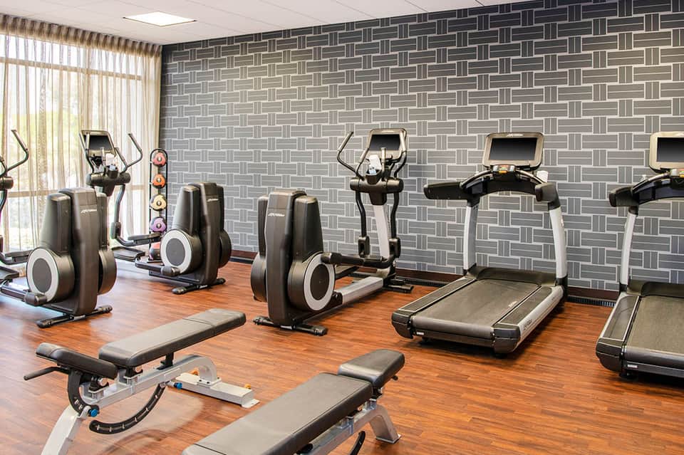 Modern fitness center with cardio equipment, exercise bikes, treadmills, and geometric patterned wallpaper