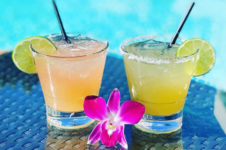 Two tropical cocktails with lime slices and pink orchid flower by blue water