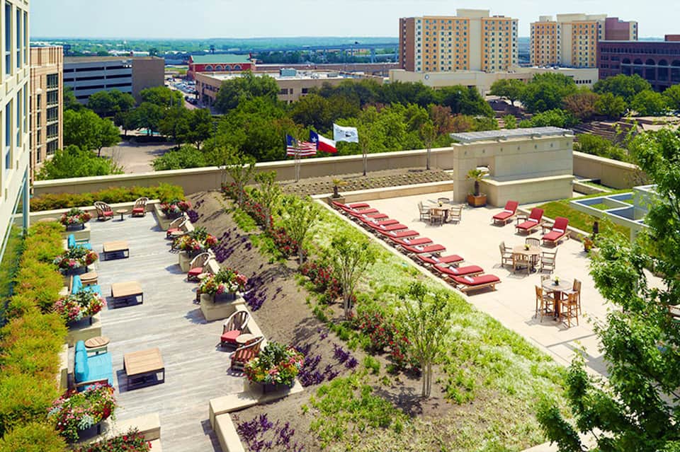 Rooftop terrace with lounge chairs, umbrellas, and city skyline view with river in background
