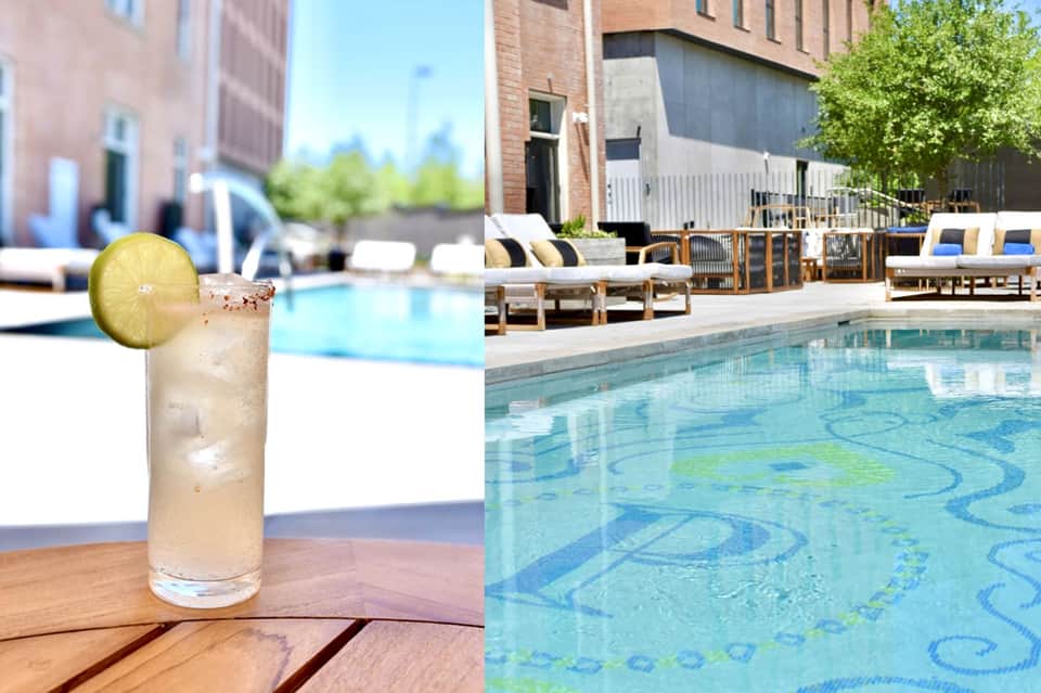 Cocktail with lime garnish overlooking urban resort pool and seating