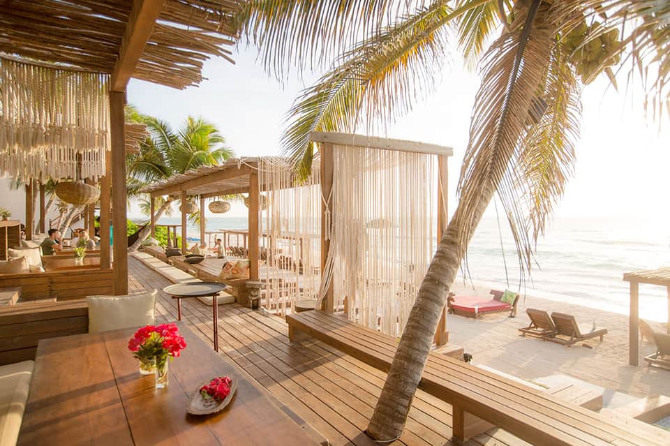 Tropical beachfront deck with wooden structures, palm trees, and ocean views