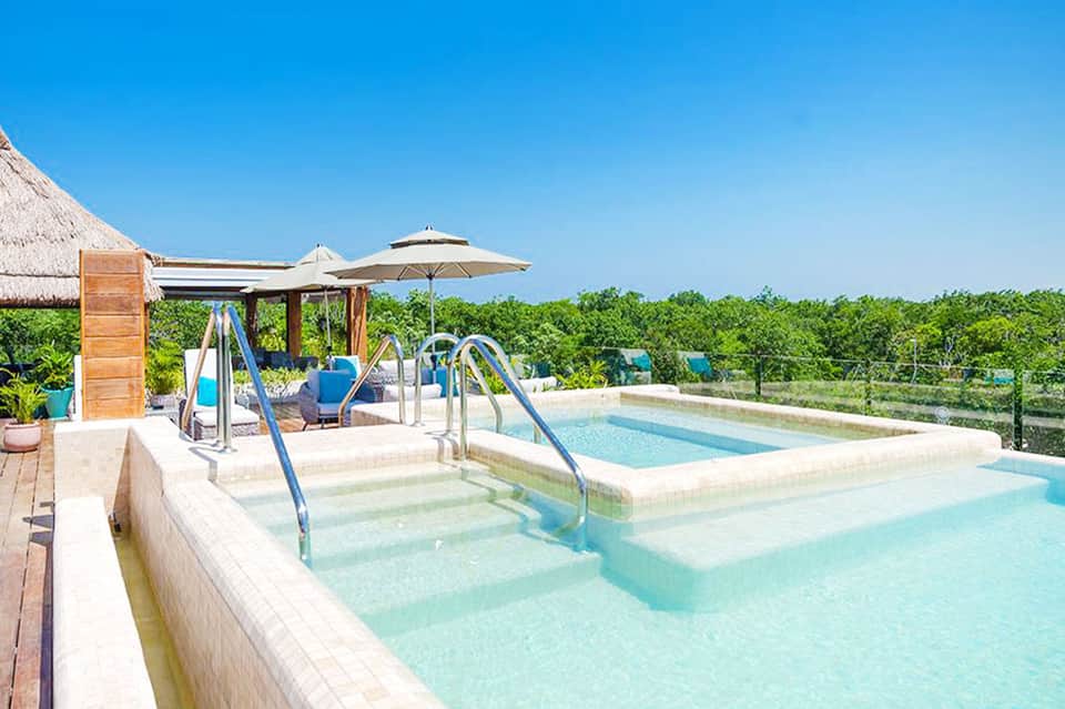 Luxury spa pool with blue water, white loungers, thatched roof shelter, and vineyard views under clear sky