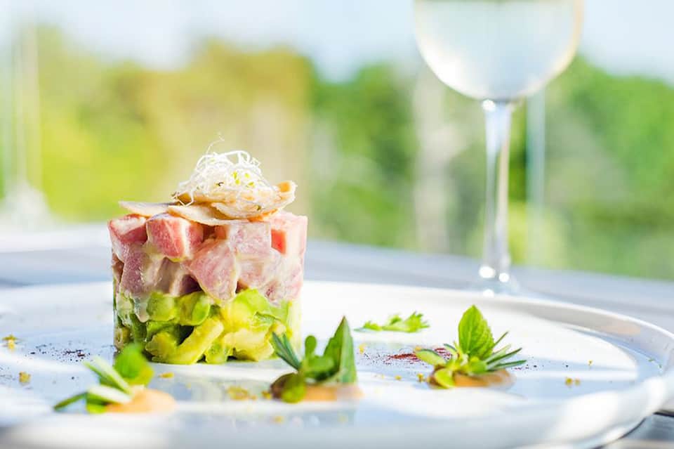 Gourmet plated dish with stacked ingredients, microgreens, and wine glass outdoors