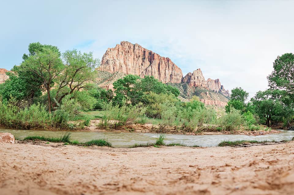 Sandy beach with river and dramatic red rock cliffs surrounded by green trees
