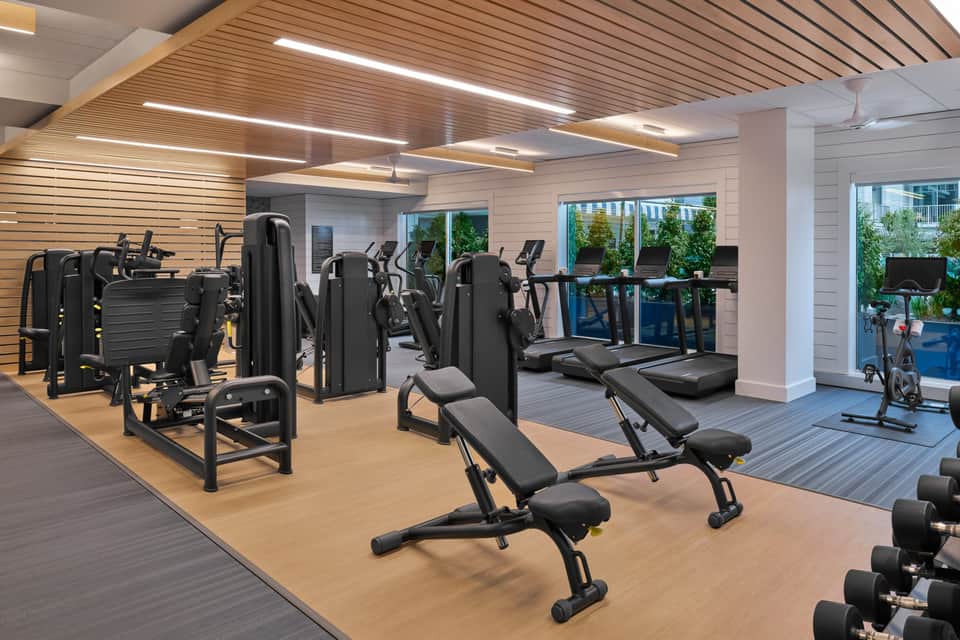 Modern fitness center with exercise equipment, wooden accents, and large windows overlooking greenery