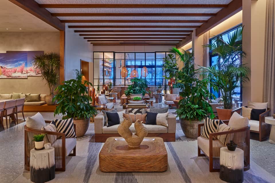Luxury hotel lobby lounge with exposed beam ceiling, potted plants, beige seating, and large windows overlooking city