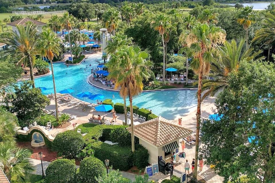 Aerial view of expansive resort pool complex surrounded by palm trees and landscaping