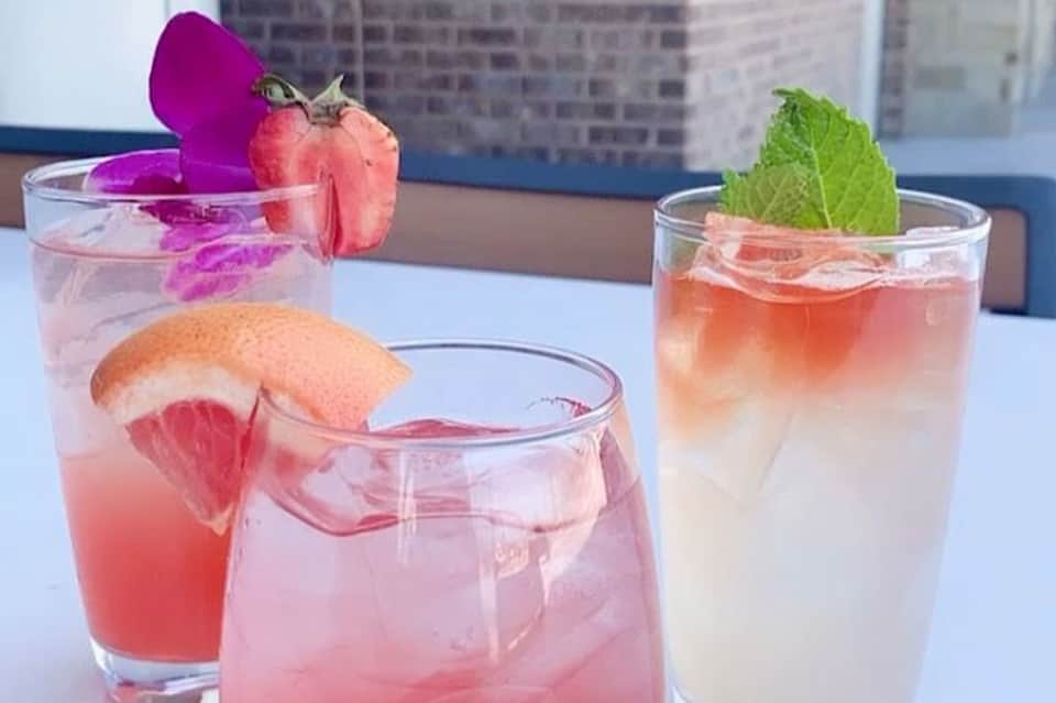 Three colorful cocktails with fresh fruit garnishes and mint, served on rooftop bar overlooking cityscape