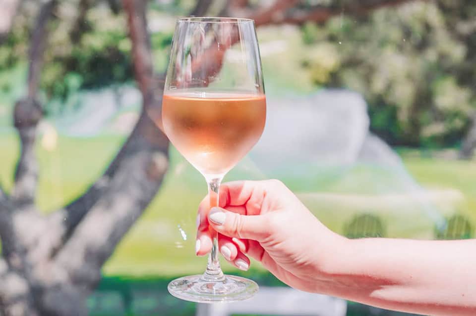 Hand holding a glass of rosé wine with blurred garden landscape in the background